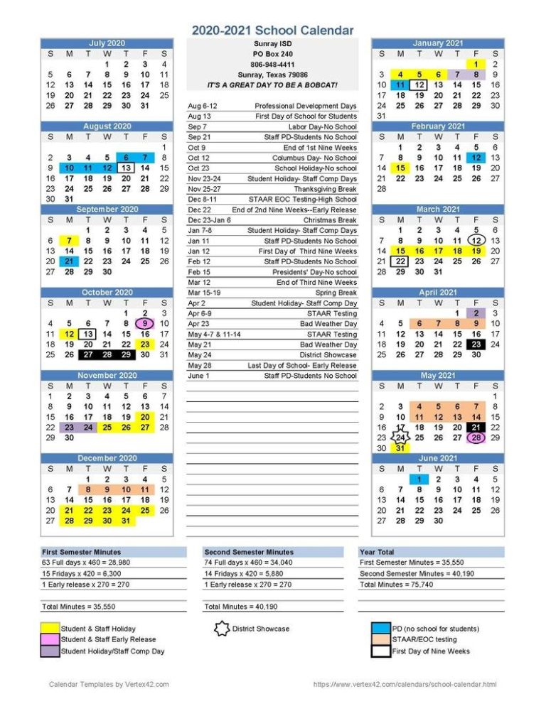 Sunray ISD 2020-2021 Calendar