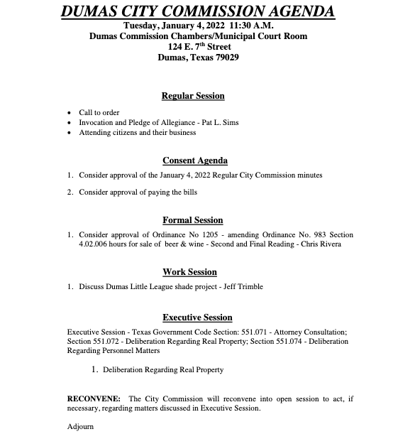 Dumas City Commission Agenda January 4, 2022
