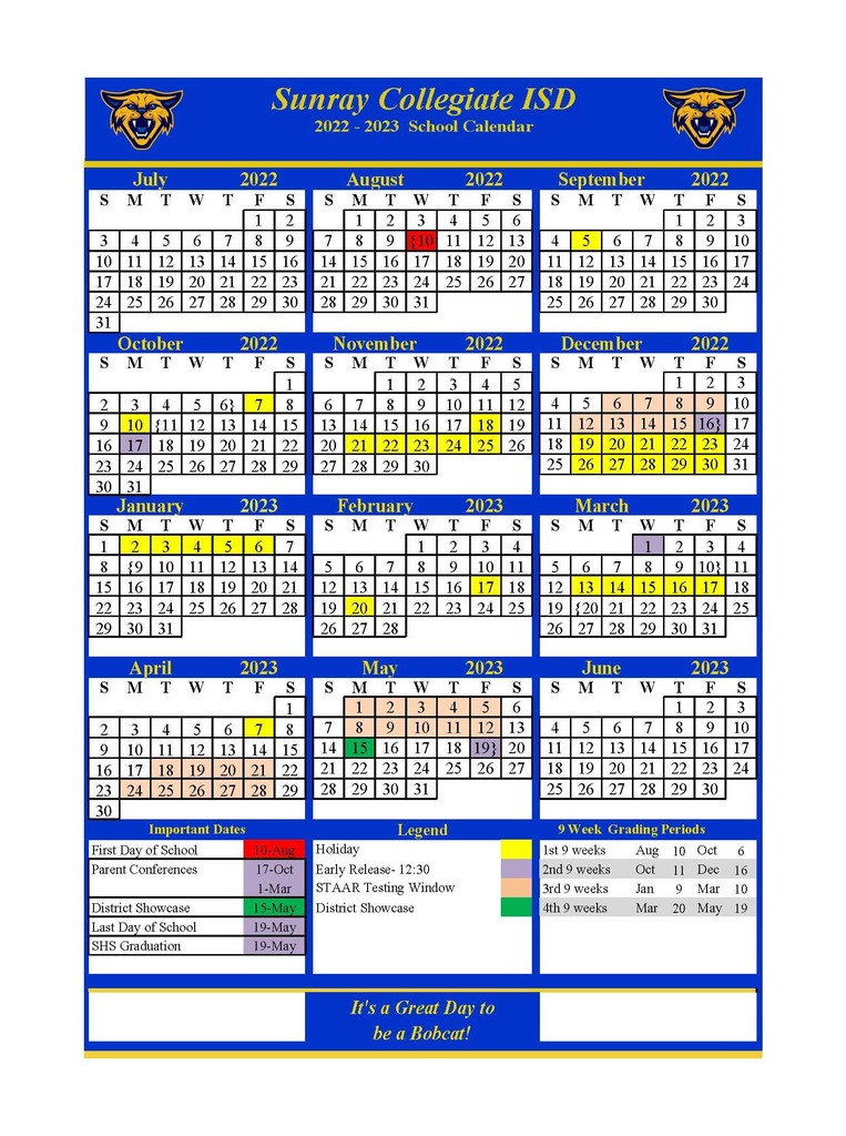 Sunray Collegiate ISD 2022-2023 Calendar